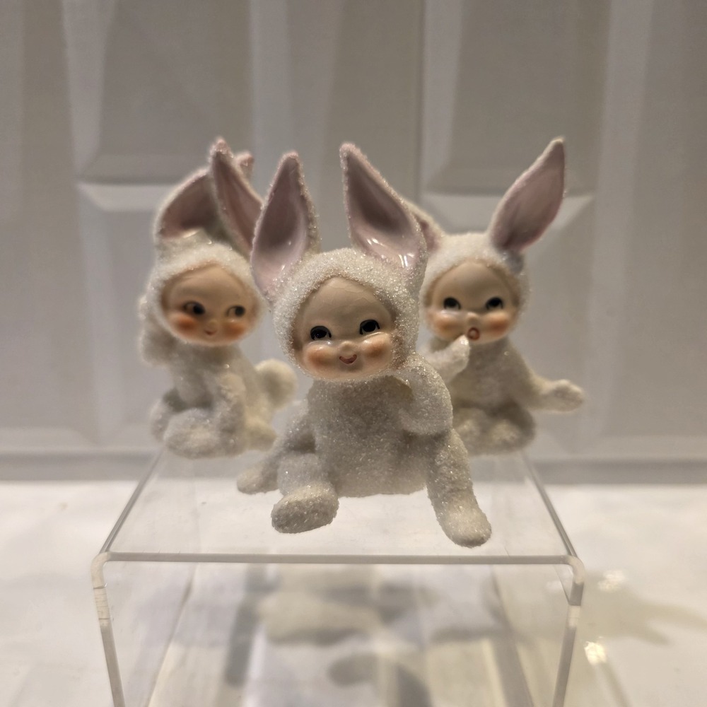 3 Vintage LEFTON Snow Bunny Rabbit Pixie Bunnies Sugar Textured Japan